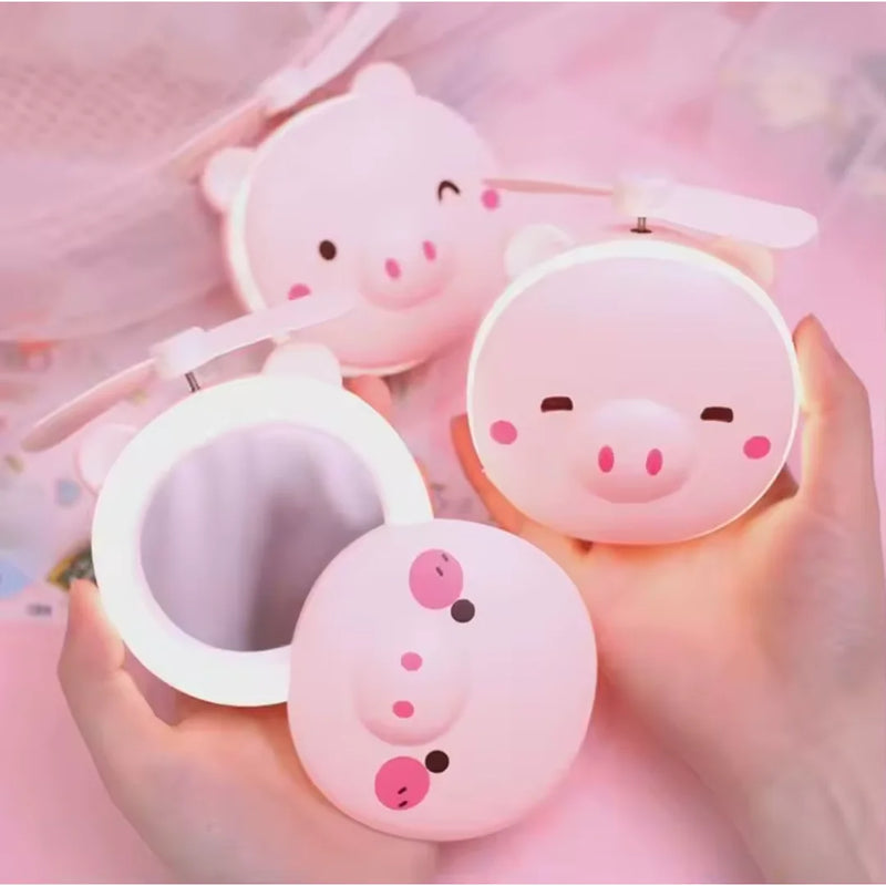 Makeup Mirror Portable Led Lights Piggy with Mini Fan Rechargeable Piggy Usb Cosmetic Mirror New Summer