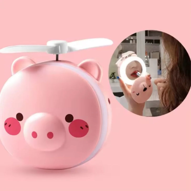 Makeup Mirror Portable Led Lights Piggy with Mini Fan Rechargeable Piggy Usb Cosmetic Mirror New Summer