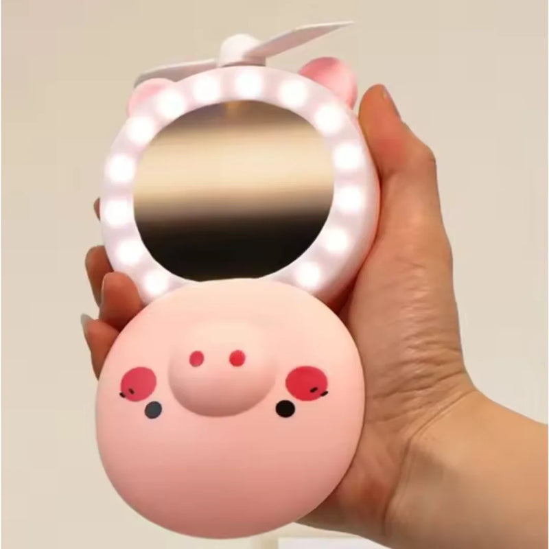 Makeup Mirror Portable Led Lights Piggy with Mini Fan Rechargeable Piggy Usb Cosmetic Mirror New Summer