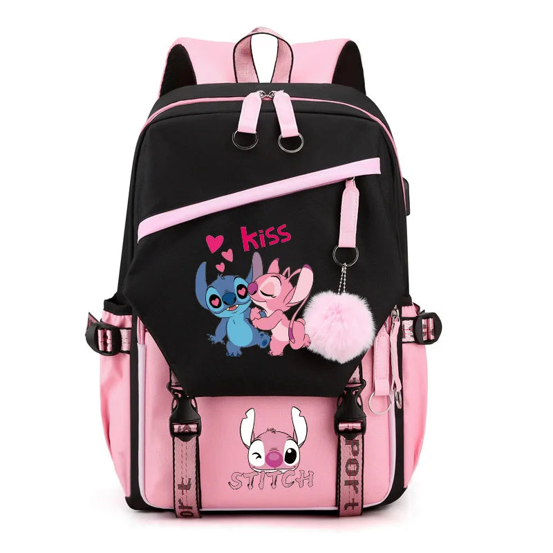 MINISO Disney New Arrival Stitch USB Charging Backpack - Cute Luggage for Boys Girls Functional USB Power Bank Student Bag Gift