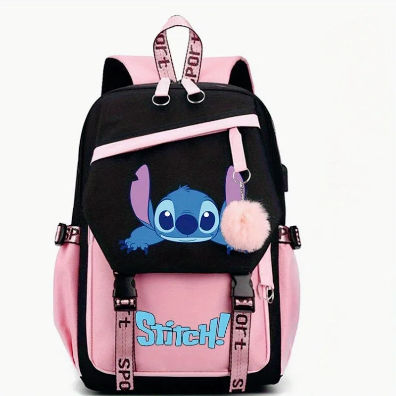 MINISO Disney New Arrival Stitch USB Charging Backpack - Cute Luggage for Boys Girls Functional USB Power Bank Student Bag Gift